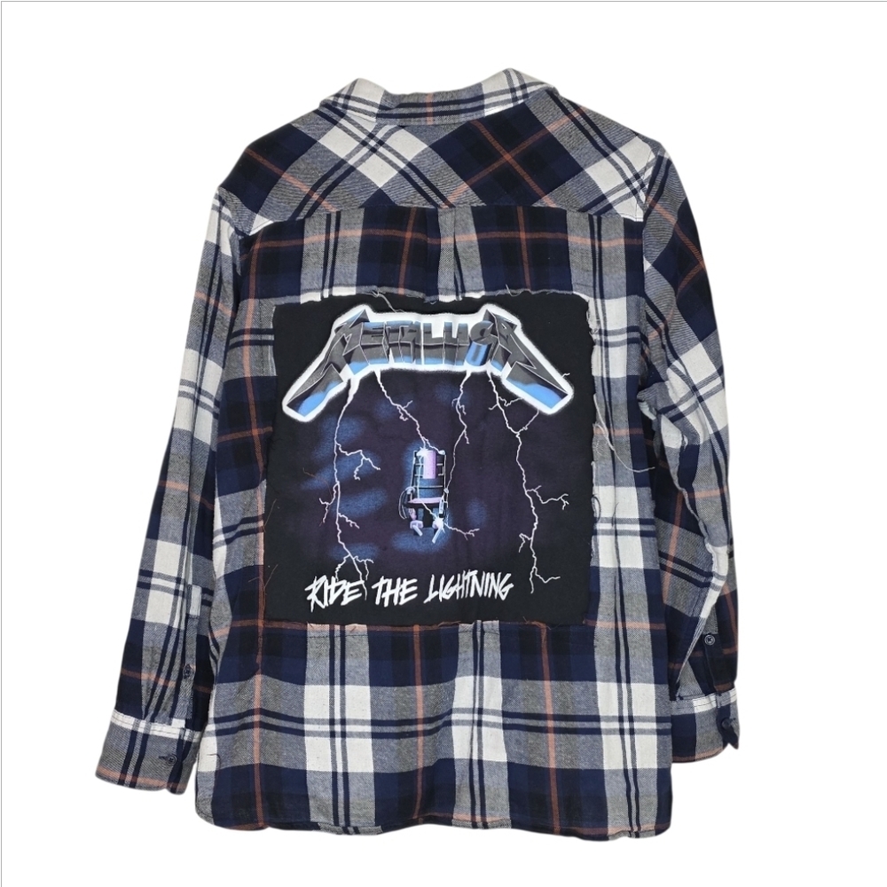 Boneyard Threadz Blue & White Plaid Flannel W/ Metallica Graphic Size XXL